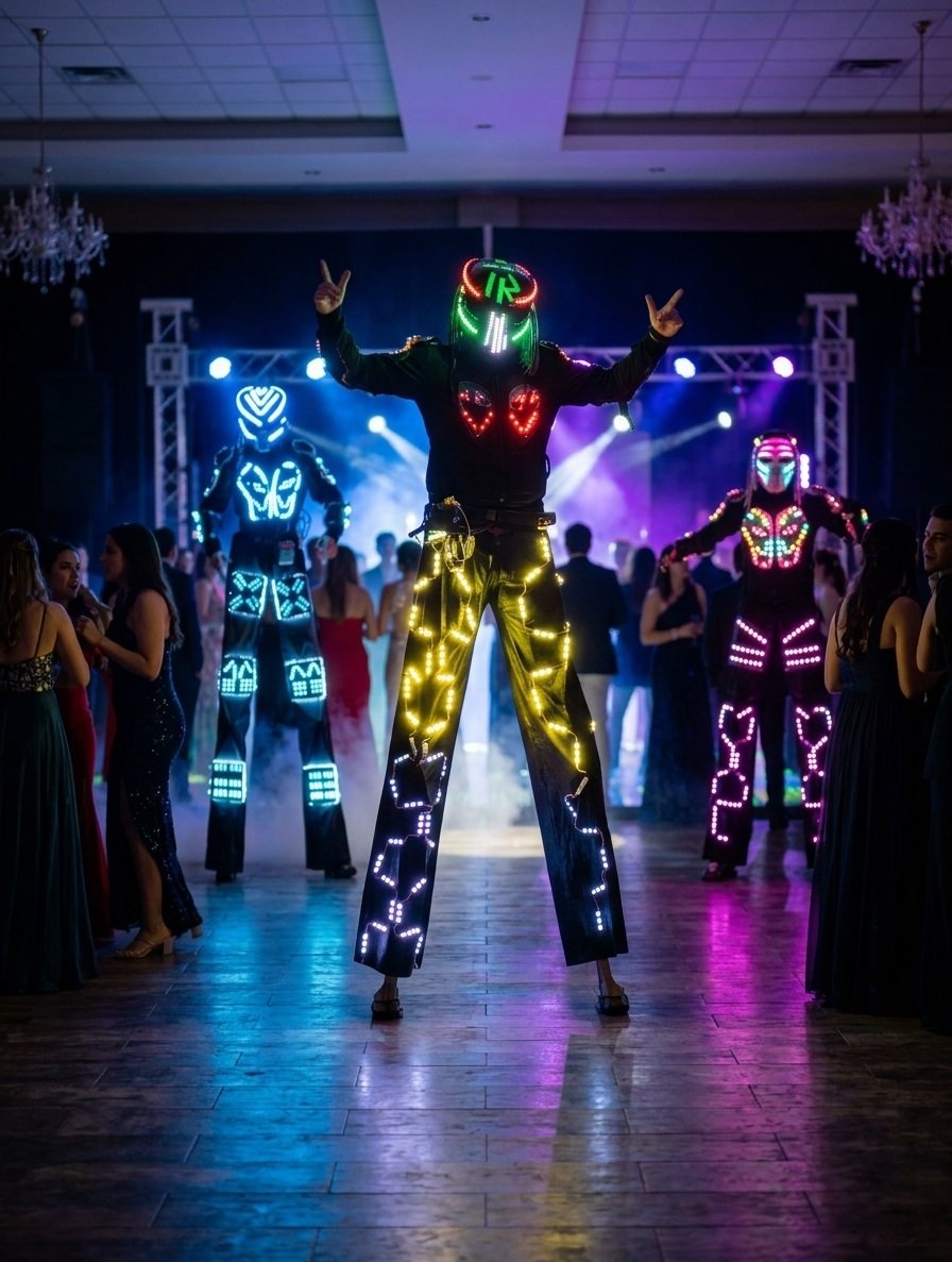 Robots de leds en zancos animando una fiesta en CDMX